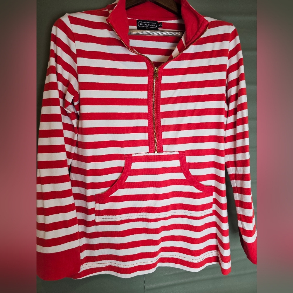 Duffield Lane M Womens Red White Stripe 1/2 Zip Luxury Nautical Shirt Top